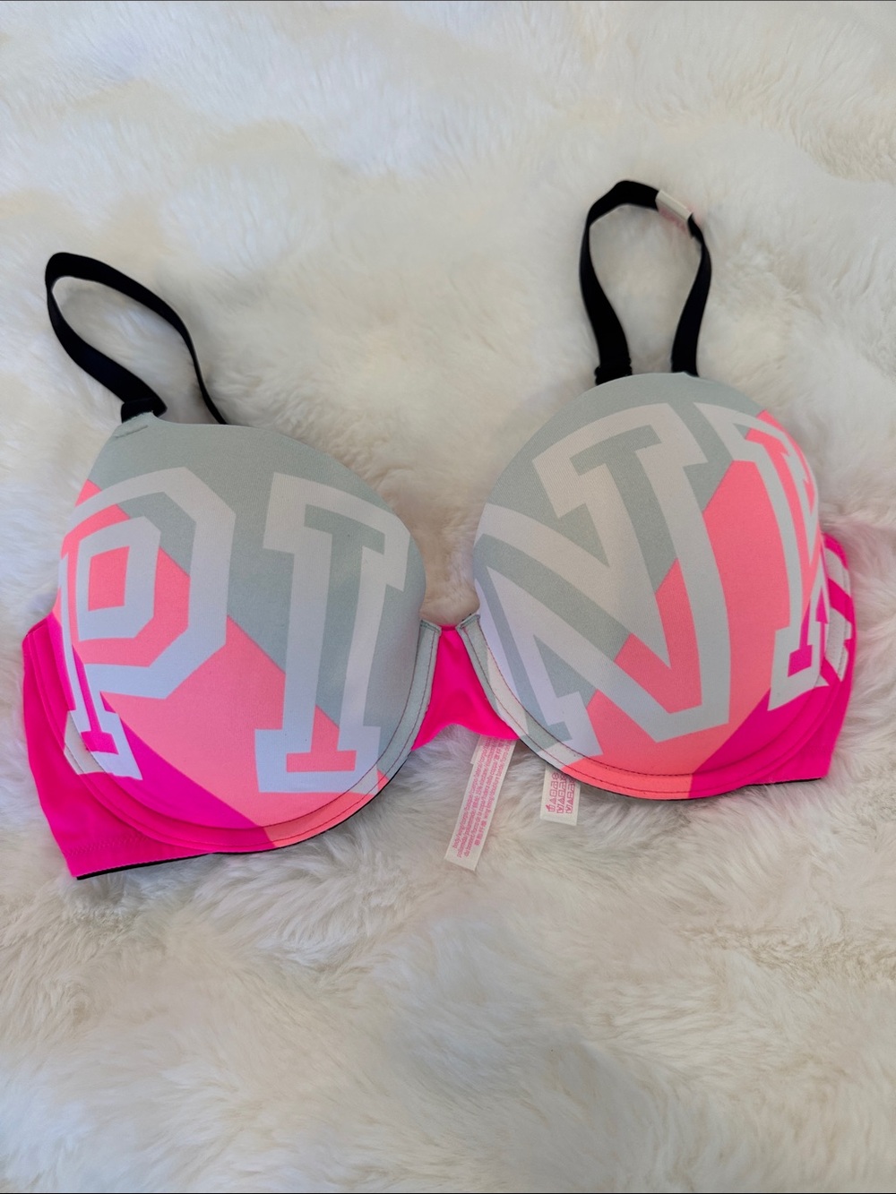 PINK Victoria's Secret Neon Pink and Light Gray Logo Push-Up Bra